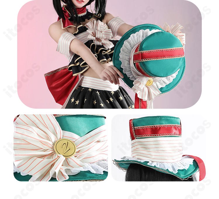 帽子装飾のディテール｜小ぶりな帽子と装飾パーツの質感・留め具周りを拡大