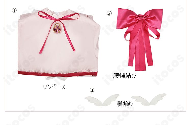 セット内容紹介画像。ワンピース、腰の蝶結び、髪飾りの3点セットを分かりやすく配置。