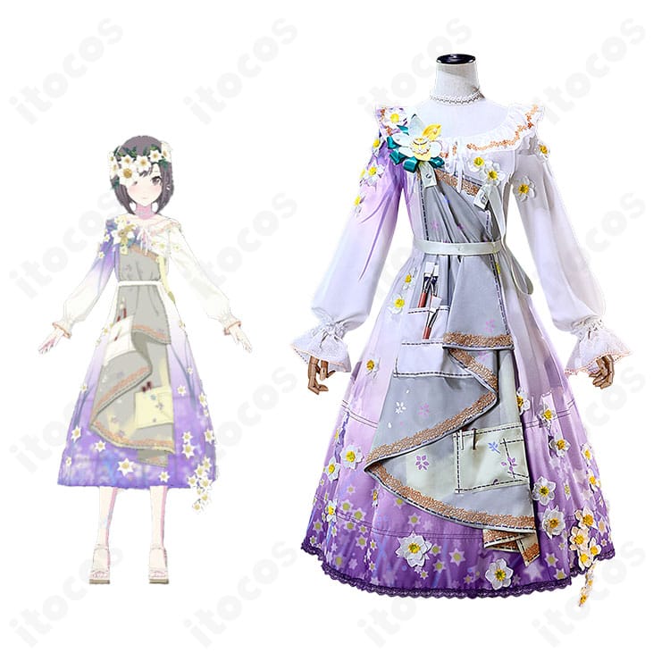 キャラクターイラストと並べた商品正面図。プロセカ 東雲絵名 ナーシサス・ペインタードレスの再現度が伝わるコスプレ衣装。