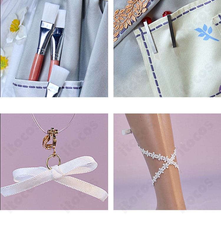 足飾り・アクセサリーの詳細。足元の装飾と留め具、質感でコーデ全体の完成度を向上。