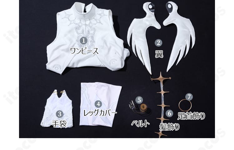 セット内容一式を並べた写真。ワンピース、翼、手袋、レッグカバー、ベルト、髪飾り、足首飾りが確認できる。