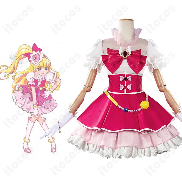 商品正面とキャラクターの組み合わせ画像。朝日奈みらい（キュアミラクル）のコスプレ衣装を正面から着用した全身と公式ビジュアルの比較イメージ。