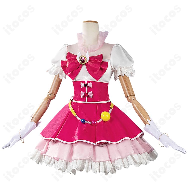 朝日奈みらいのキュアミラクルコスプレ衣装の正面全体。胸元の大きな蝶結びとスカートの広がりが分かるカット。