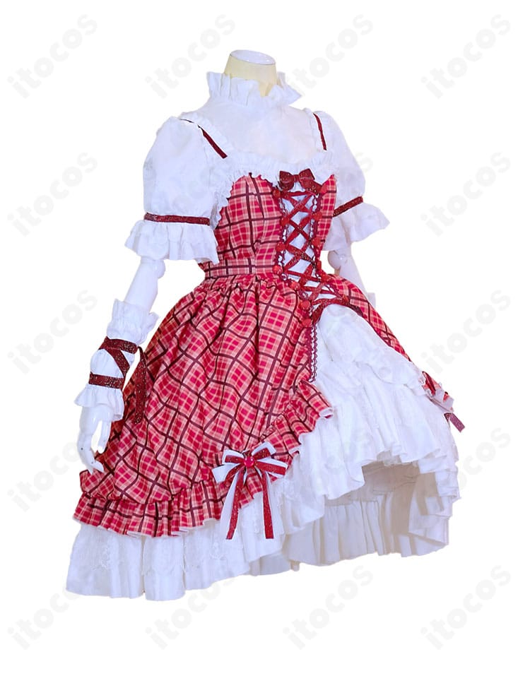 側面全身：チェック柄ケーキドレスのサイドシルエット。段フリルのボリュームとウエストラインの美しいカーブを確認できる角度。