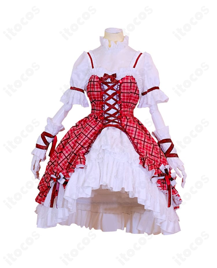 正面全身：日奈森あむ コスプレ衣装（チェック柄ケーキドレス）のフロント。高発色チェックとリボン装飾、胸元の蝶結びが際立つディテール。