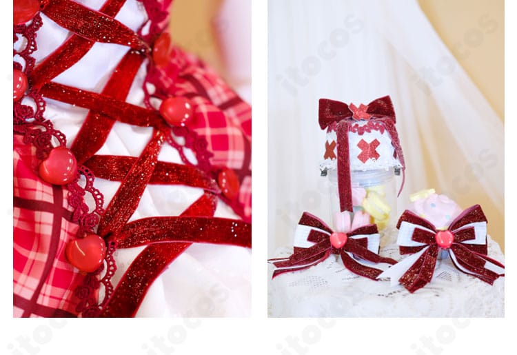 系紐装飾と髪飾りのアップ：日奈森あむに合わせた髪飾りとリボン紐のディテール。キャラクター性を引き立てるアクセント。