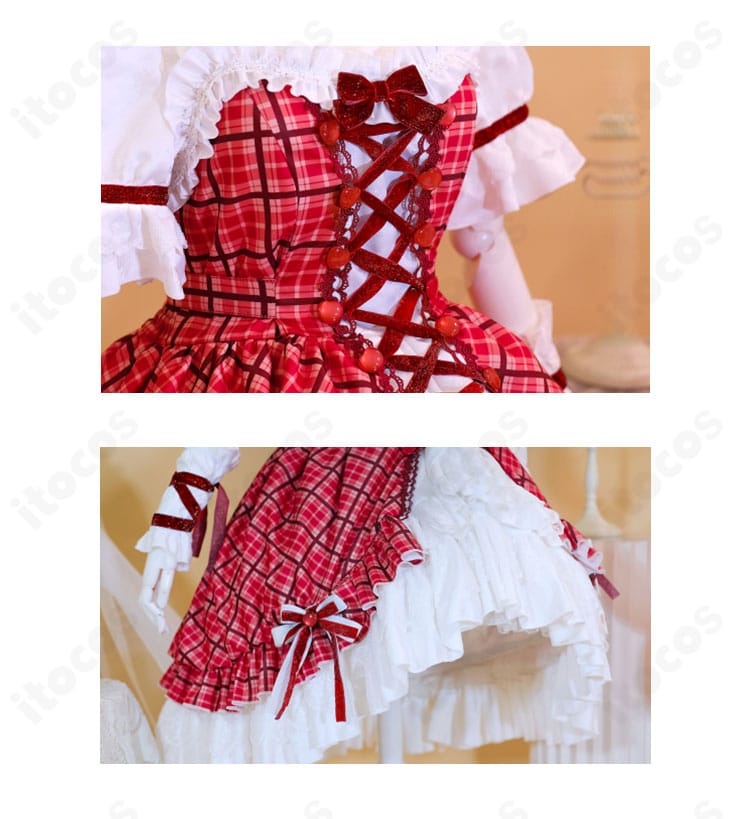 装飾クローズアップ：胸元の刺繍とリボン、トリムの質感が分かるチェック柄ケーキドレスの装飾詳細。