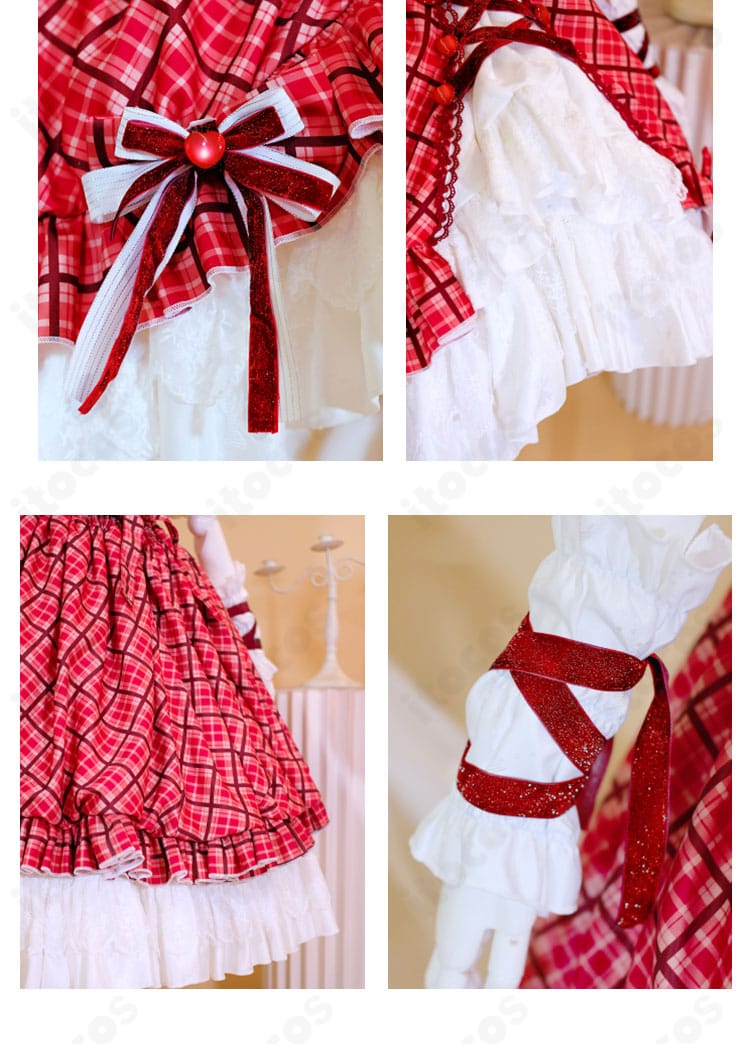 スカート＆アームカバー詳細：多層フリルのスカート装飾とアームカバーの縁取り。華やかで写真映えする意匠。