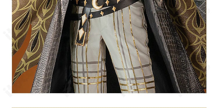 ズボンの装飾ディテール。コートとのバランスが取れたデザインと質感を示す画像。