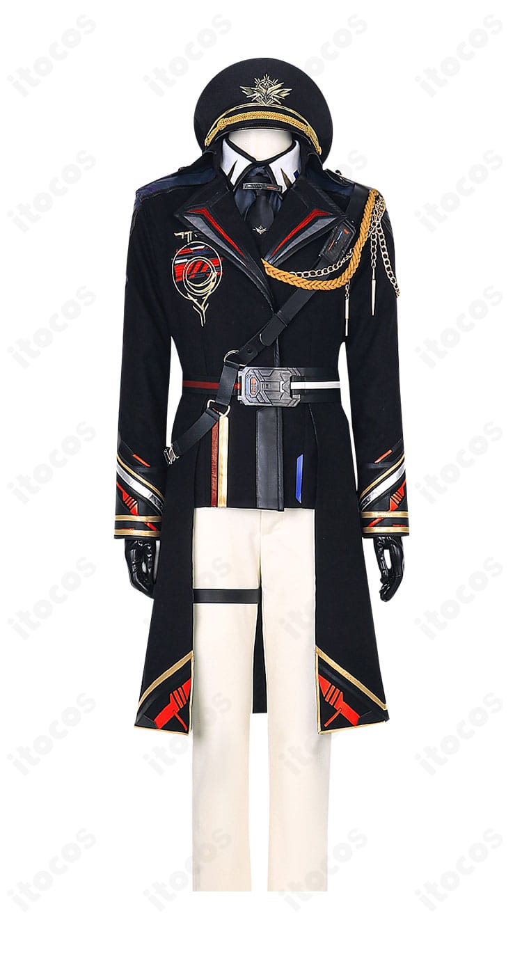 恋と深空 プレイヤー「雲頂の秘密」コスプレ衣装の正面全体。コート・シャツ・ズボン・帽子の配色とラインが確認できる商品画像。