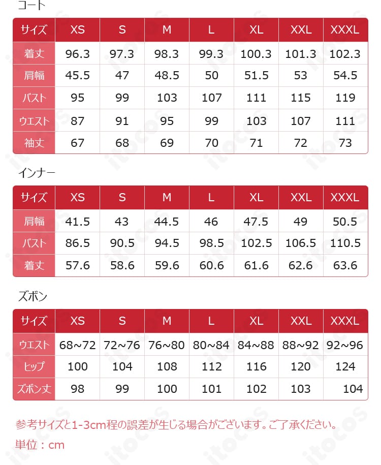 ユウ コスプレ衣装のサイズガイド。S〜XXLの仕上がり寸法を示す選び方参考画像。