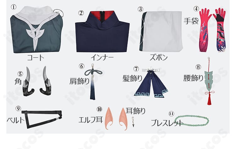 ユウ コスプレ衣装のセット内容一覧。コート、インナー、ズボン、角、耳、各アクセを並べて表示。