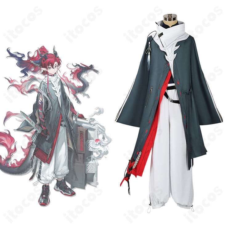 アークナイツ ユウのコスプレ衣装・正面全体とキャラクター立ち絵の比較。角と耳飾りを含む高再現セットの概要画像。