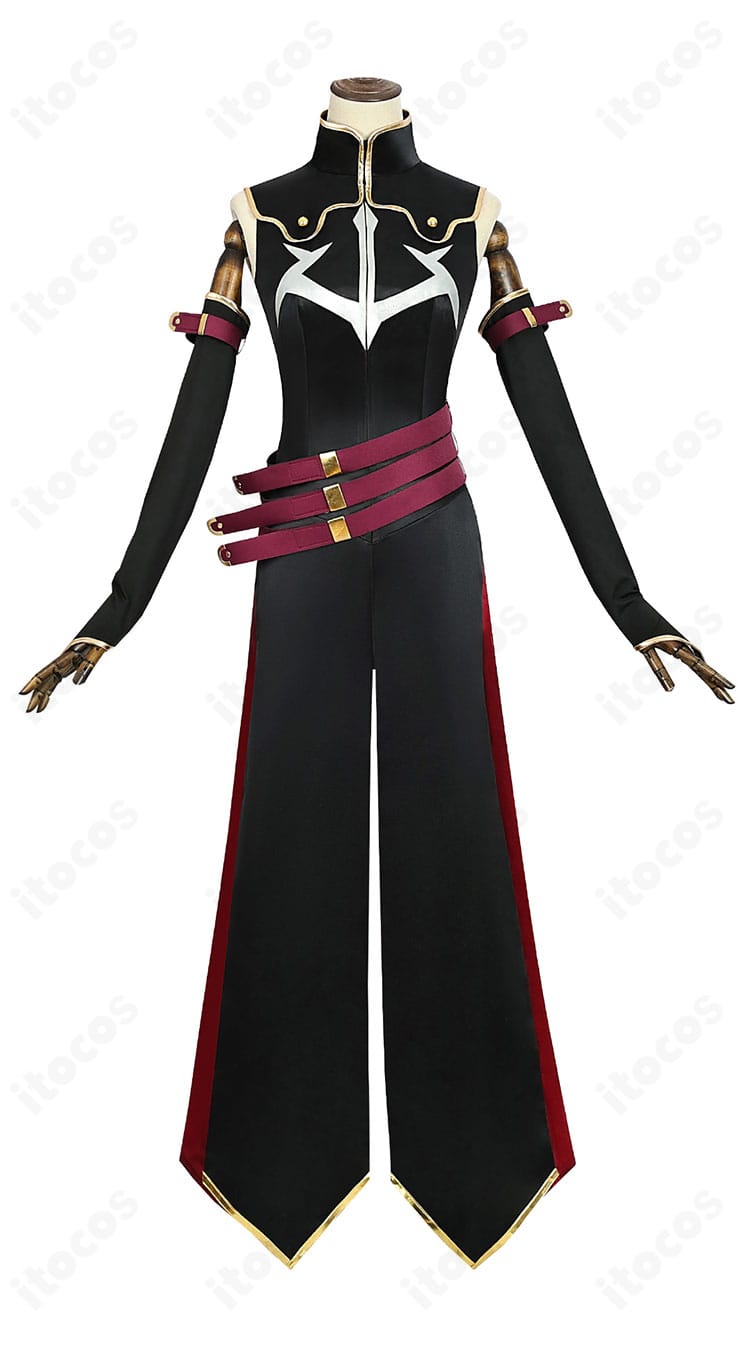 C.C. 黒の騎士団コスプレ衣装の正面ディテール。ワンピースのラインとベルト位置、アクセサリーの配置が分かる商品アップ。