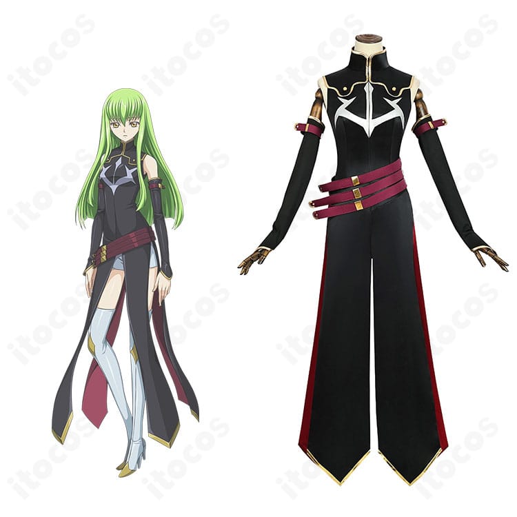 C.C. 黒の騎士団コスプレ衣装の正面全体像。黒基調ワンピースにベルト・腕飾り・アームカバーを合わせ、キャラクターの雰囲気を高再現。