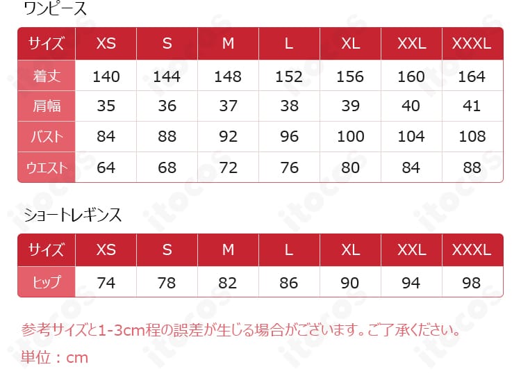 C.C. コスプレ衣装のサイズ表と対応サイズ一覧。S〜XXLの各寸法が一目で分かるガイド画像。