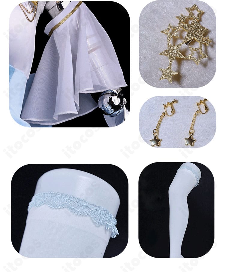 レーナ 魔法少女レジーナ衣装 袖、ヘアアクセ、イヤリング、レッグウォーマーの各パーツ。小物の意匠と素材感の説明用画像。