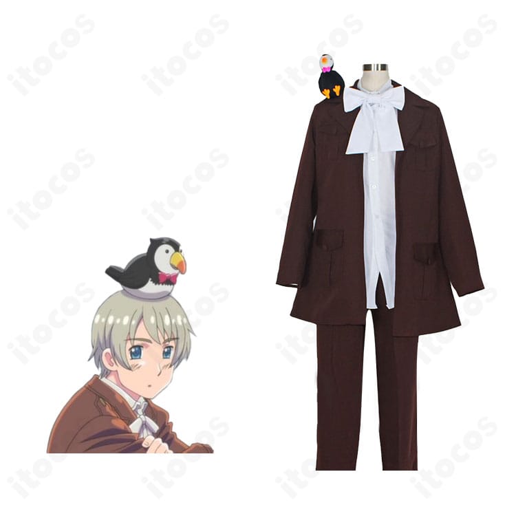 ヘタリア Axis Powers アイスランドのコスプレ衣装とキャラクターイメージを並置した正面写真。濃色コートのシルエットを忠実再現。