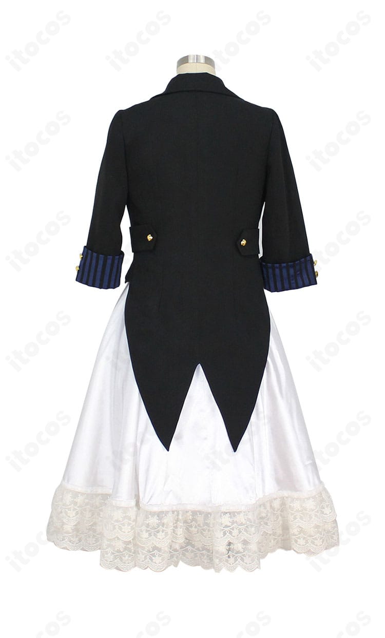 エリザベス衣装の背面。編み上げと背面装飾、裾の流れが分かるデザイン全景。