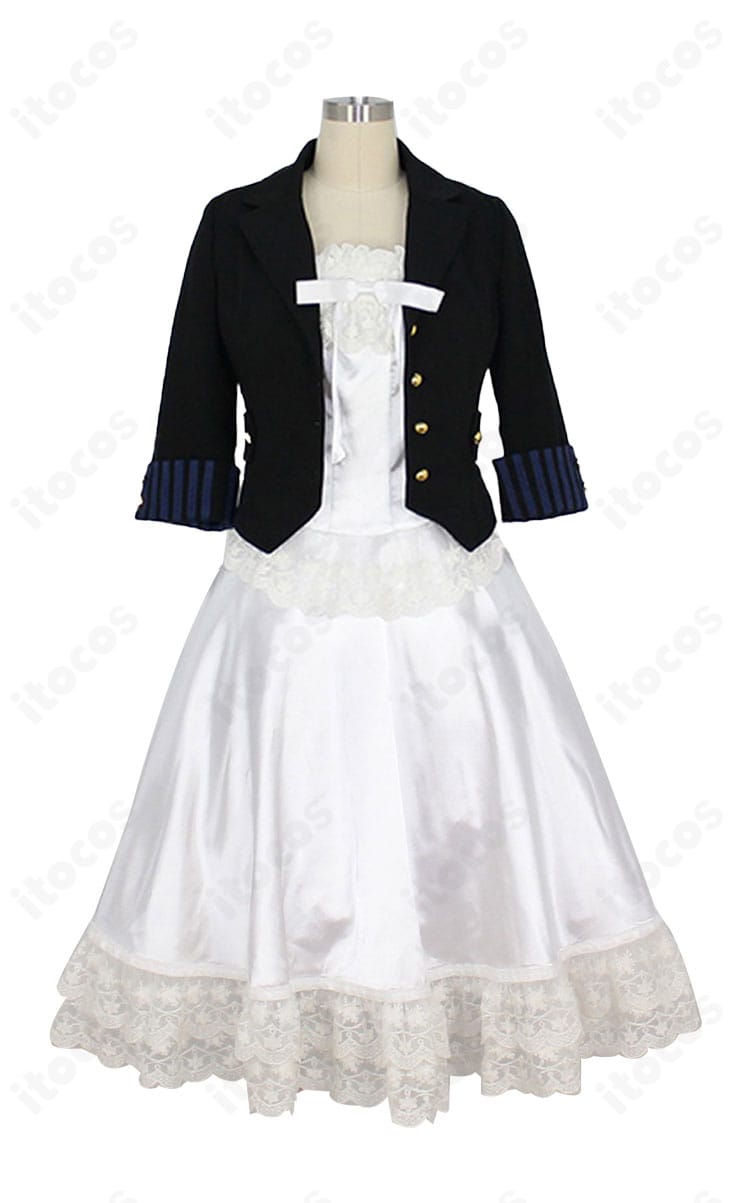 黒執事 エリザベス・ミッドフォード衣装の正面。胸元から裾までの刺繍と華やかな装飾ディテールが分かる画像。