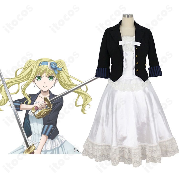 エリザベス・ミッドフォードの劇場版衣装を再現したコート＆ワンピの正面全体。キャラクターイメージとの合成で高再現度を示すカット。