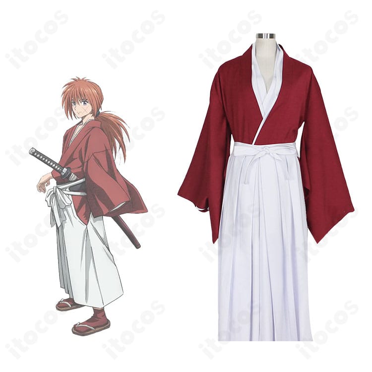 緋村剣心の和装コスプレ衣装・正面とキャラクター比較。イベントや撮影向けの高再現セットを確認できる画像