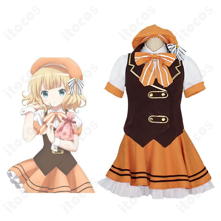 「ご注文はうさぎですか？」桐間紗路（シャロ）メイド服の正面全体とキャラクターシーン比較。高再現のコスプレ衣装が一目で分かる構図。