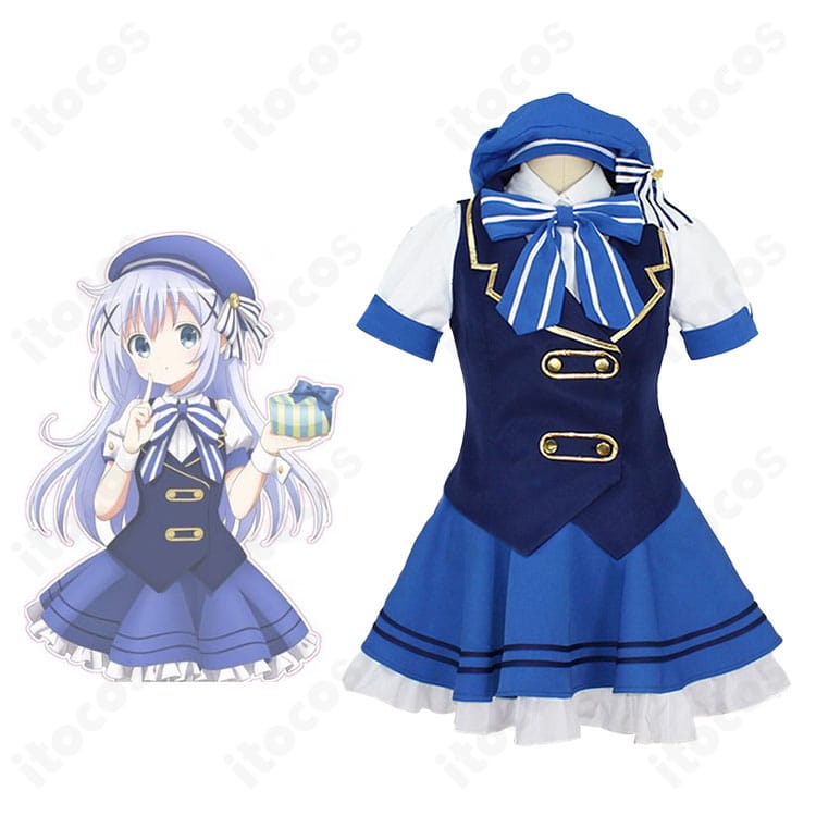 ご注文はうさぎですか？ 香風智乃のメイド服コスプレ衣装をキャラクター画像と並置した正面カット。レース刺繍まで再現した清楚なデザイン。