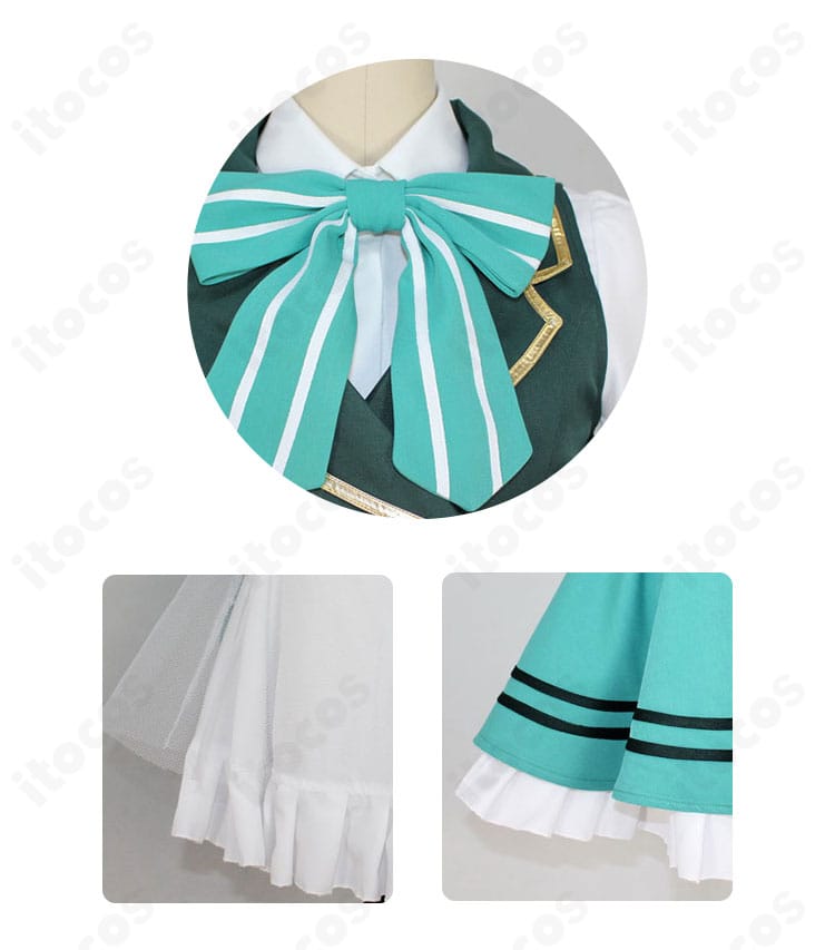 宇治松千夜 メイド服の襟元とスカート装飾ディテール。首周りの印象と裾の意匠を強調。