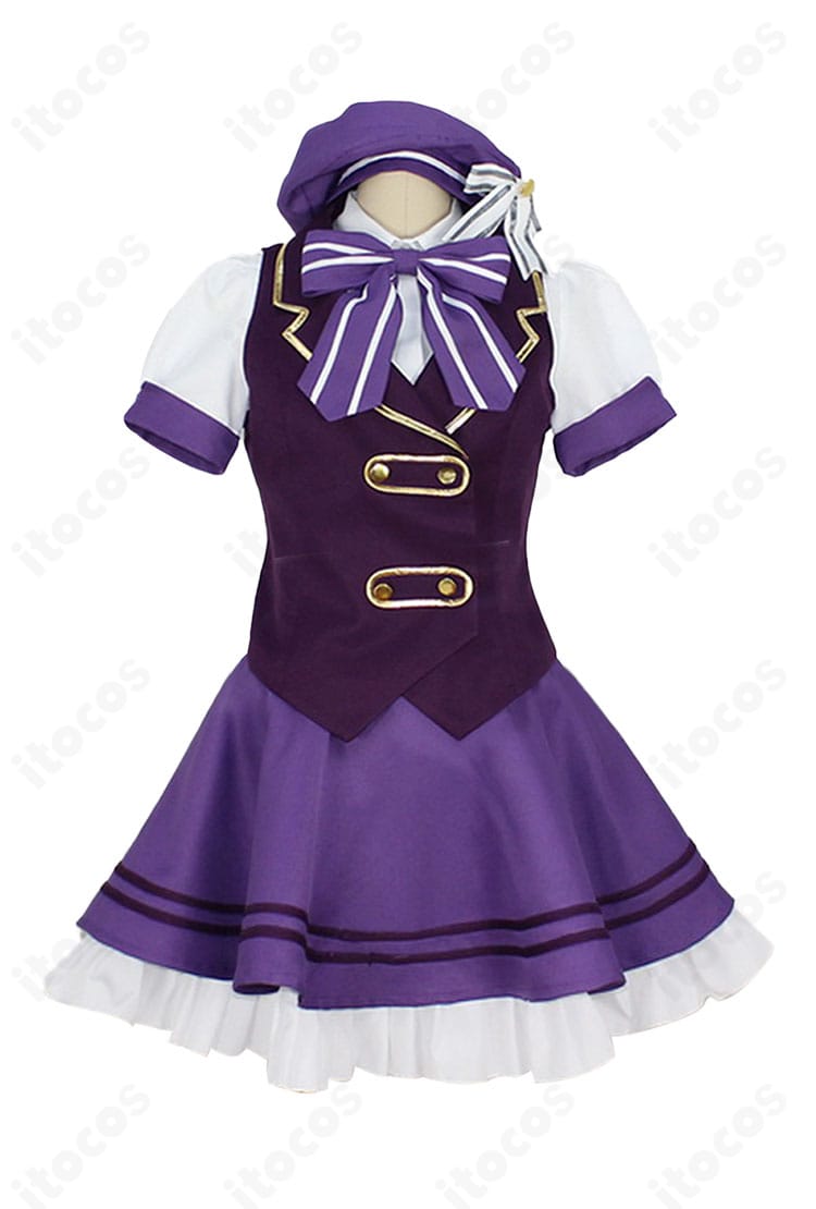 リゼ メイド服コスプレ 正面ビュー。ベストとスカートのシルエット、襟元リボンのディテールが分かる画像。