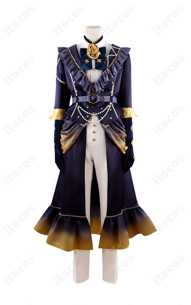 礼瀬マヨイの傾慕の華コスプレ衣装 正面。コート・シャツ・ボトム・スカーフ・飾り類の配置がわかる高忠実度。