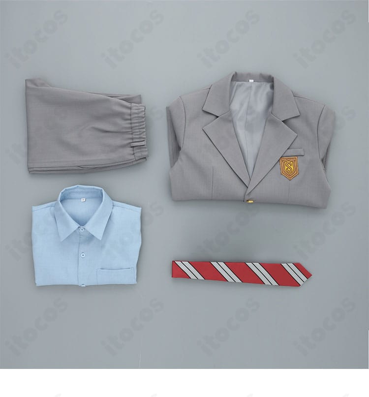 有馬公生 制服コスプレ衣装のセット内容一覧。コート・ズボン・シャツ・ネクタイの4点が揃ったレイアウト写真。