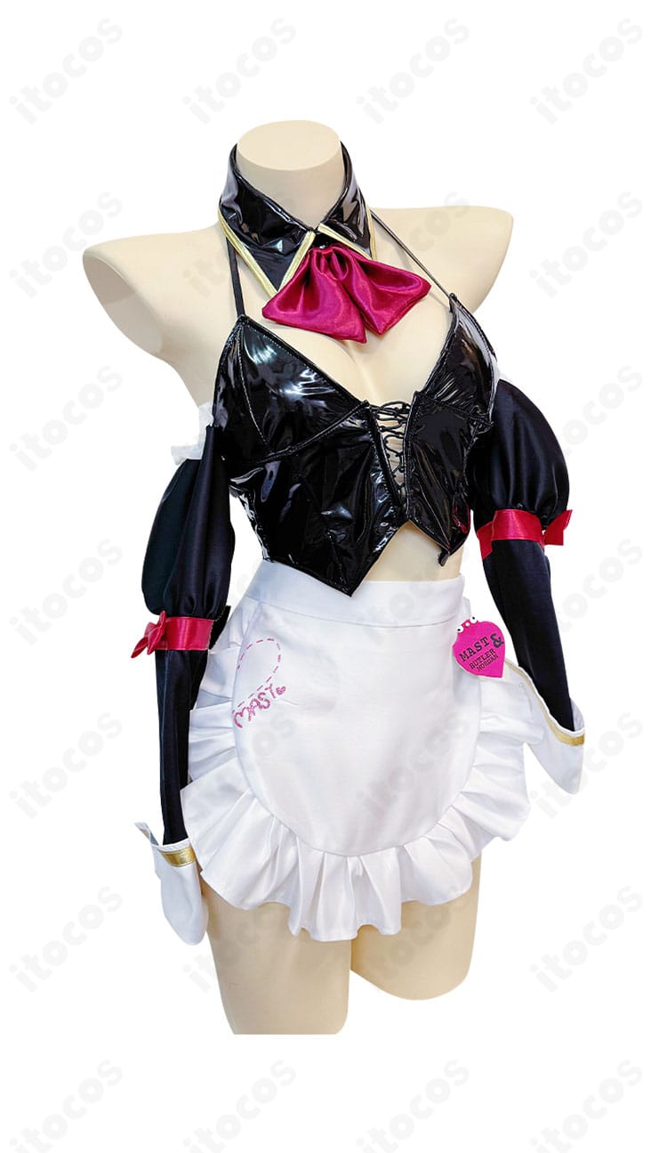 マスト ロマンチックメイドのディテール。ドレスのフリル、リボン、手袋、エプロン、つけ襟、帽子、腰飾り、袖、靴下の質感と仕上がりをクローズアップ。