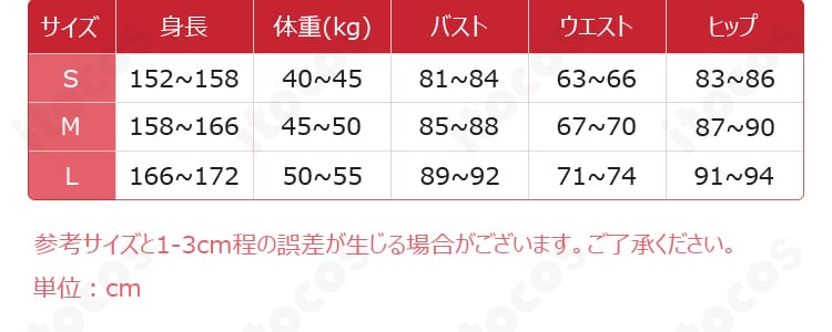 ITOCOS マスト ロマンチックメイド衣装のサイズ表（S〜XL）。各部寸法の対応を示し、自分に合うサイズ選びをサポート。