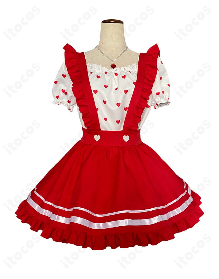 アイカツ！ 星宮いちご Girly REDコスプレの正面。胸元アクセと配色バランスが見えるフロントビュー。