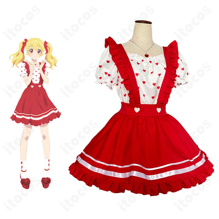 アイカツ！ 星宮いちご Girly REDのコスプレ一式とモデル着用イメージ。赤基調とハートモチーフを忠実に再現。