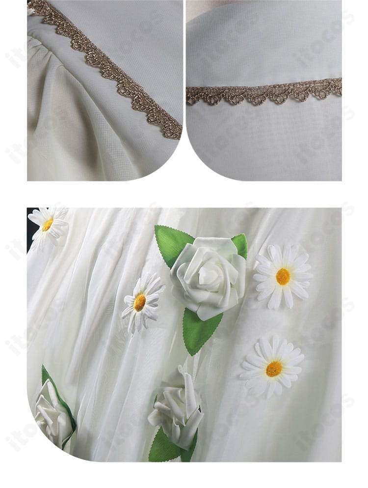 フリーレン白ドレスの衣領とスカートの花柄装飾。可憐で上品なモチーフの再現度が分かる写真