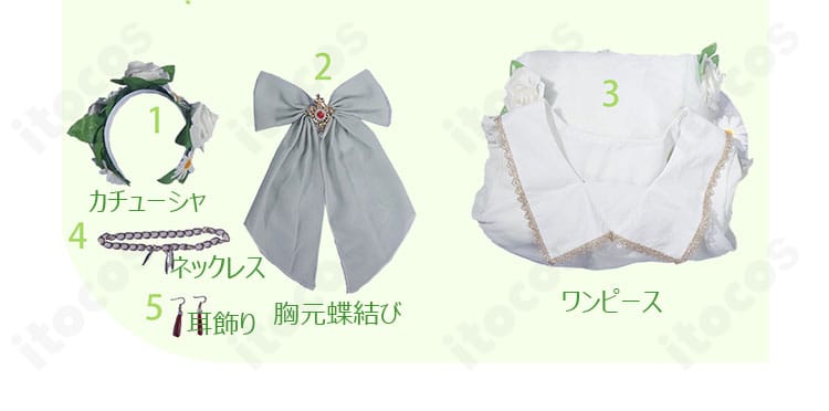 セット内容一覧。ワンピース、胸元蝶結び、カチューシャ、ネックレス、耳飾りの5点が並ぶ画像
