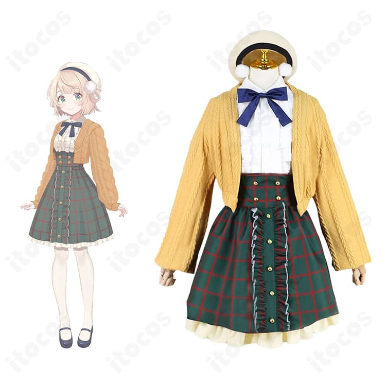 しぐれうい 新衣装（私服）のコスプレ衣装とキャラクターイラストを並べた正面図。配色とシルエットの再現度が分かる構成。