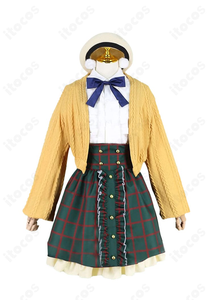 しぐれうい 新衣装（私服）コスプレ衣装の正面全体。コートとリボン、シャツ、スカートの仕上がりと発色が確認できる画像。