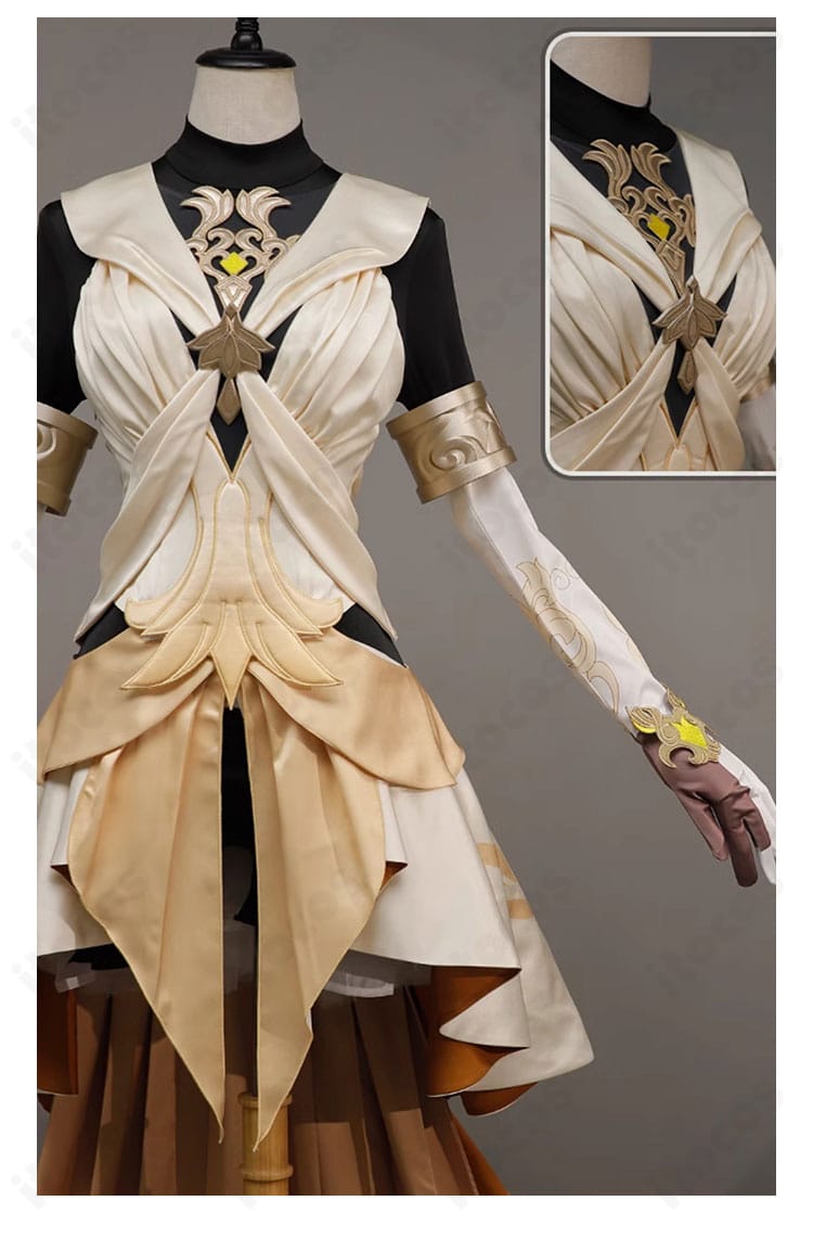 アグライア衣装の胸飾りディテール。金色装飾と立体パーツの質感を拡大表示。