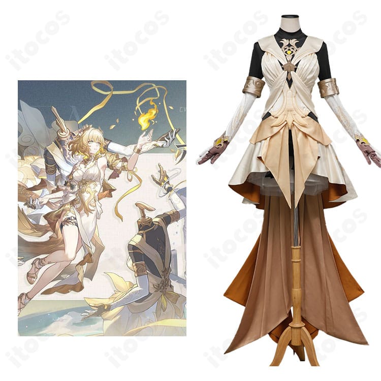 崩壊：スターレイル 黄金裔アグライアの正面全身とキャラクター比較。装飾まで再現した高品質コスプレ衣装の概要。