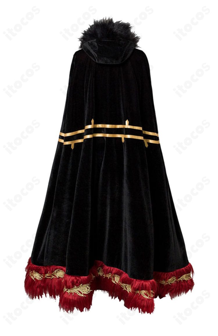 エレシュキガル衣装の背面デザイン。マントのボリュームと留め具位置の詳細