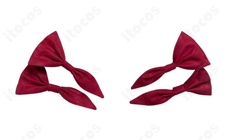 蝶結びの髪飾りディテール。リボンの発色と立体感、留め具構造の近接