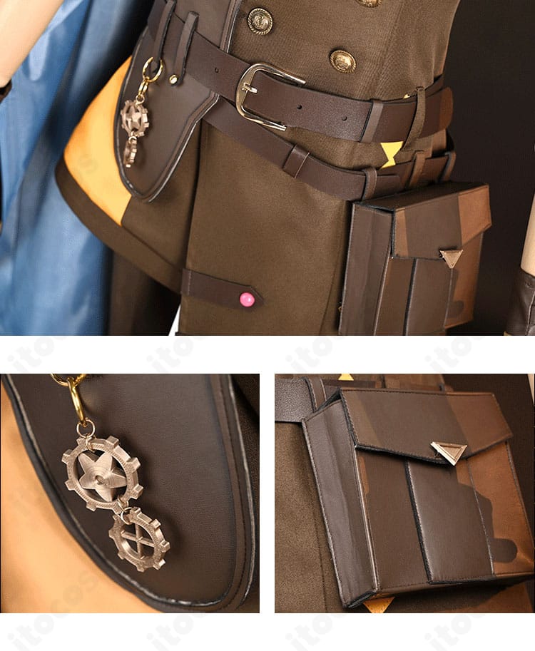 腰回り装飾とウエストポーチの詳細。ベルト取り回しと腰飾りのディテールが見える画像