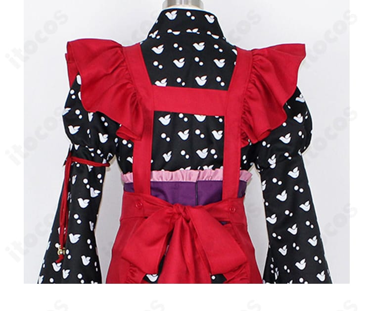 和服メイド服の背面ディテール。背中のリボンと装飾配置のバランス、上品なデザイン性を説明。