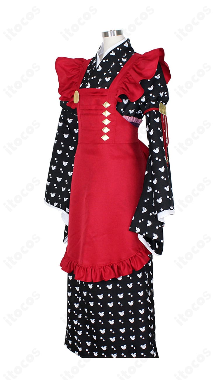 AMNESIA 主人公 和服メイド服の左側面。袖口のデザインと和風アクセントの配置が見える角度。