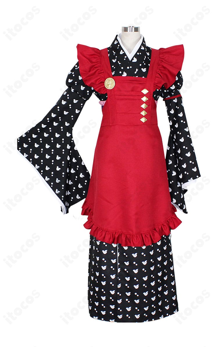 AMNESIA 主人公 和服メイド服の正面全体像。エプロンとつけ襟、スカートのAラインシルエットを確認。