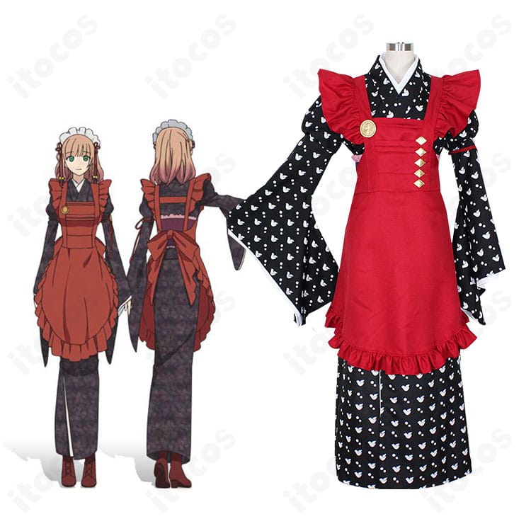 AMNESIA 主人公 和服メイド服の正面とキャラクターイメージ。帯風コルセットと清楚な配色が分かる再現度重視の詳細画像。