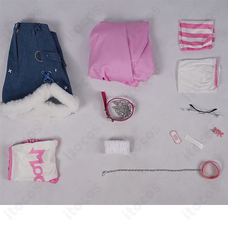 セット内容一覧。コート、スカート、インナー、チョーカー、カチューシャ、ヘアピン、飾り物を一枚で確認。